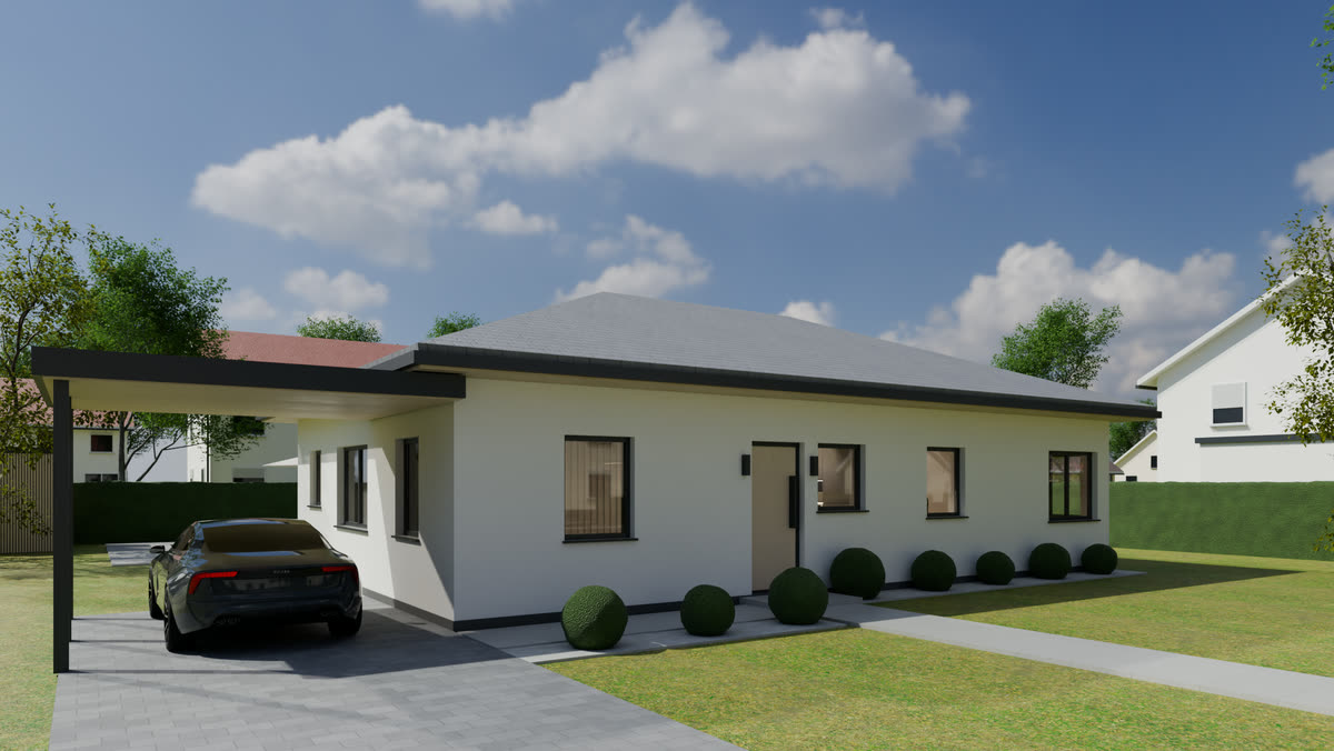 3D-Visualisierung eines weißen Bungalows mit Carport und Eingangsweg